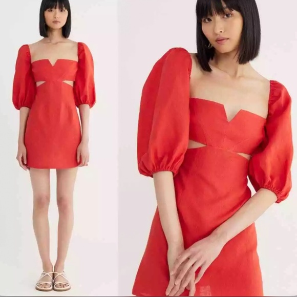 Rumer Dresses & Skirts - RUMER NWT Freya Cut Out Mini Dress Linen Puffed Sleeves Tuscany Red M